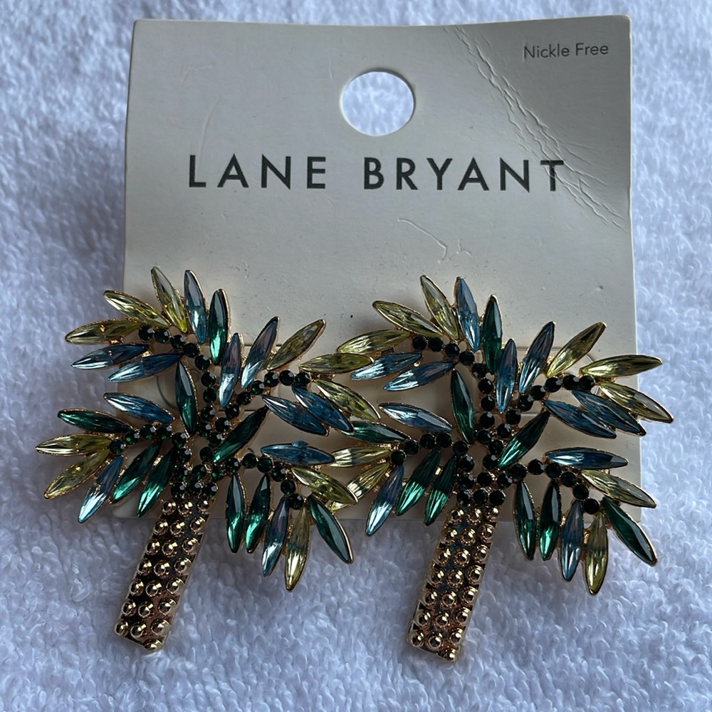 Lane Bryant rhinestone Palm Tree tropical earrings Nee gold tone